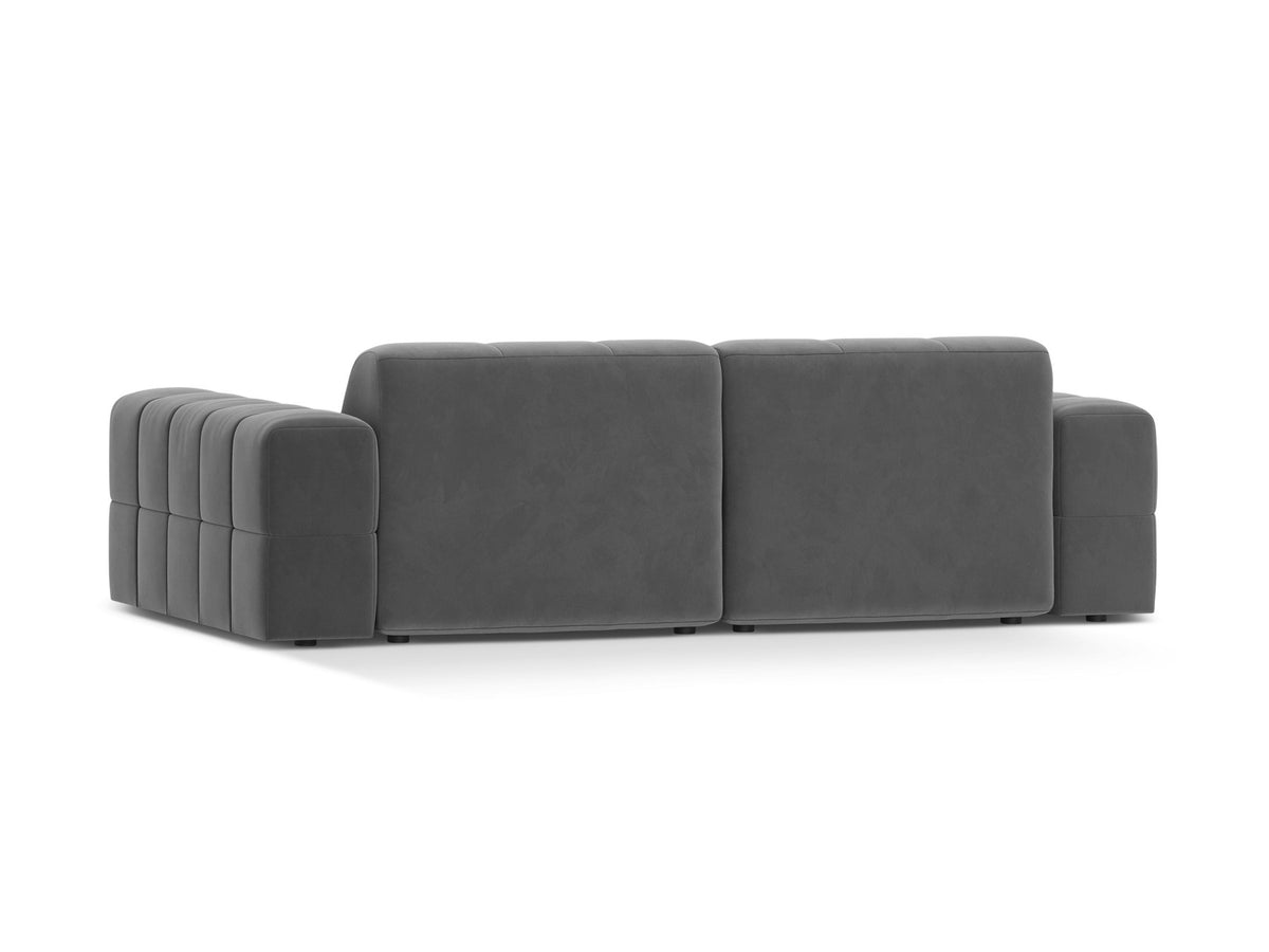 Beige gepolstertes 3er Sofa Jennifer von Micadoni mit schwarzen Kunststoffbeinen und leicht geneigter Rückenlehne, Stoffbezug Bluvel.