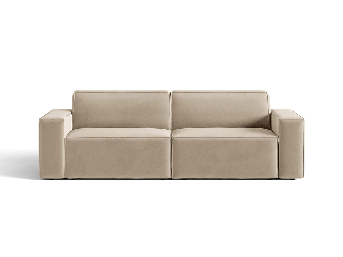 Jodie 3er Sofa von Micadoni in leichtem Beige mit Venus-Samtstoff, schwarzen Kunststoffbeinen und moderner, modularer Sitzform.