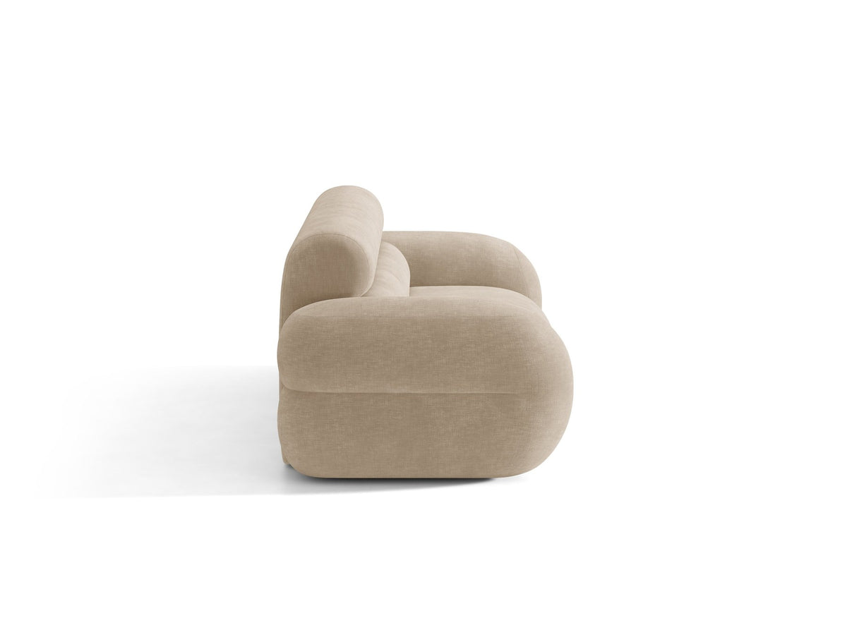 3er Sofa Neo von Micadoni in dunklem Olivgrün, mit strukturiertem Bouclé-Stoff, schwarzen Kunststoffbeinen und hoher gepolsterter Rückenlehne.