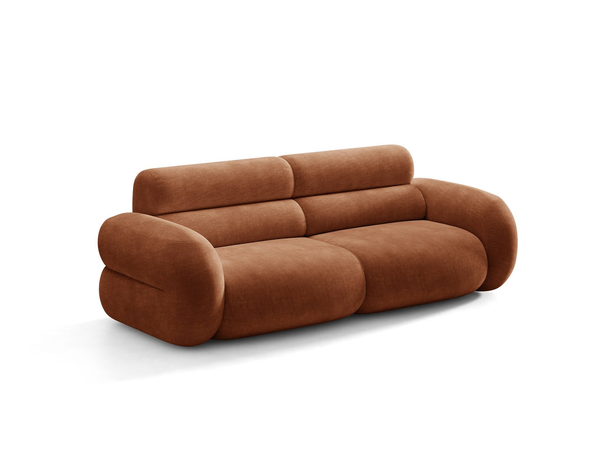 3er Sofa Neo von Micadoni in dunklem Olivgrün, mit strukturiertem Bouclé-Stoff, schwarzen Kunststoffbeinen und hoher gepolsterter Rückenlehne.