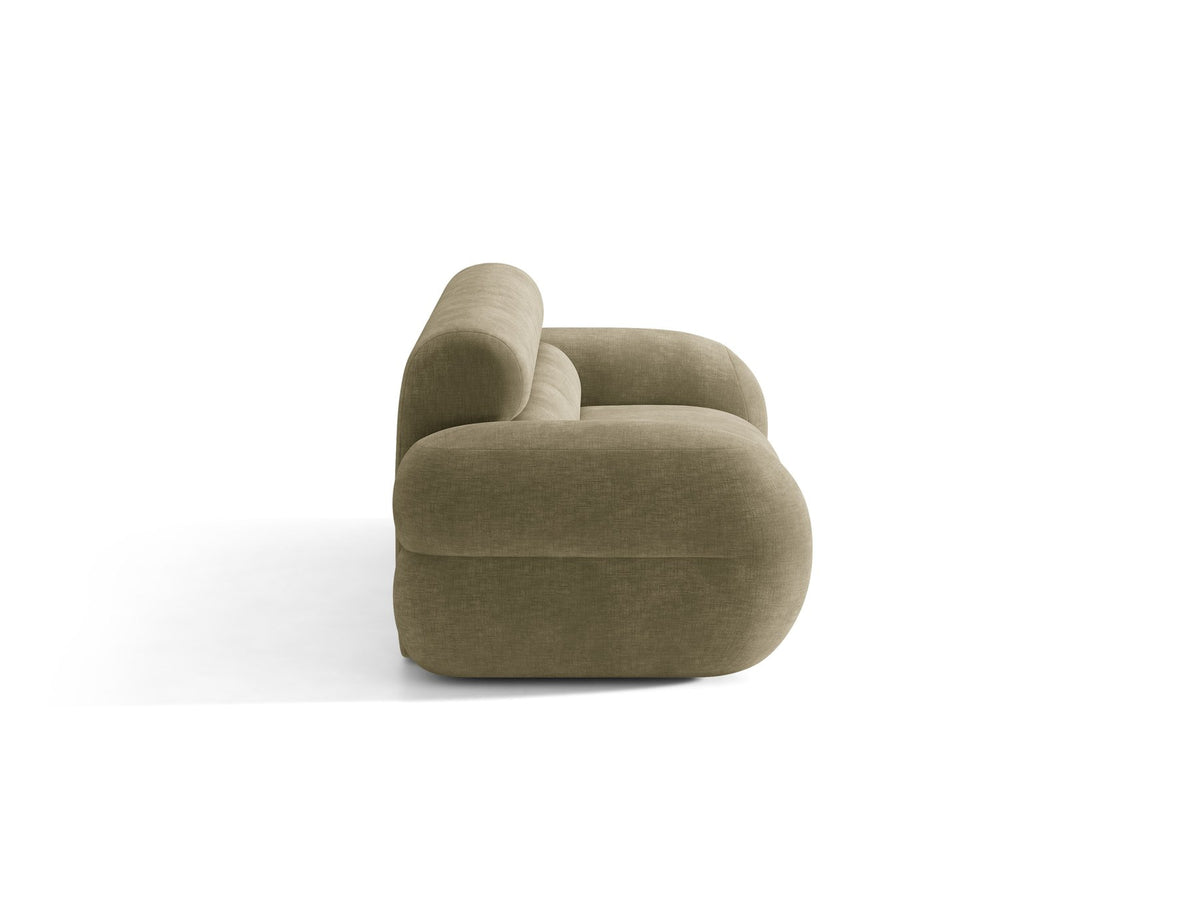 3er Sofa Neo von Micadoni in dunklem Olivgrün, mit strukturiertem Bouclé-Stoff, schwarzen Kunststoffbeinen und hoher gepolsterter Rückenlehne.