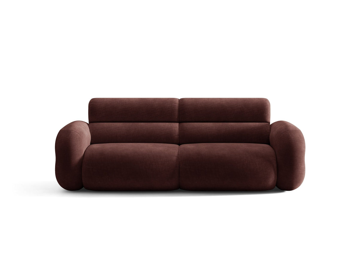 3er Sofa Neo von Micadoni in dunklem Olivgrün, mit strukturiertem Bouclé-Stoff, schwarzen Kunststoffbeinen und hoher gepolsterter Rückenlehne.