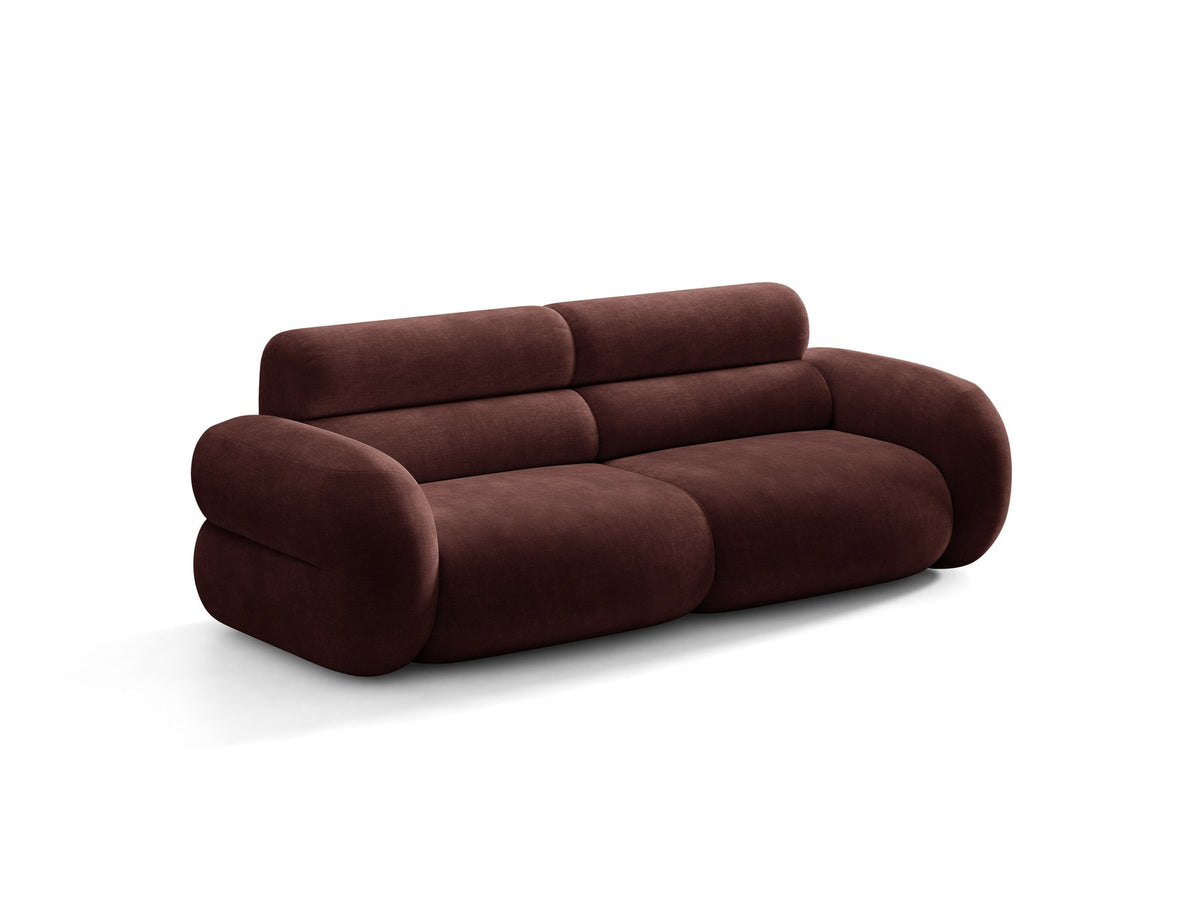 3er Sofa Neo von Micadoni in dunklem Olivgrün, mit strukturiertem Bouclé-Stoff, schwarzen Kunststoffbeinen und hoher gepolsterter Rückenlehne.