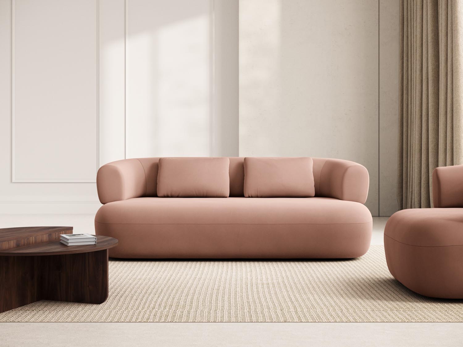 Elegantes Jenny Velour Sofa in warmem Terracotta, ideal für stilvolle Wohnräume. Komfortabler 3-Sitzer von Micadoni.