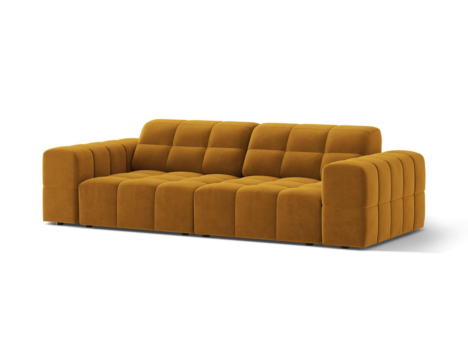 Elegantes 3-Sitzer Sofa Jennifer in stilvollem Gelb-Bluvel, ideal für moderne Wohnräume, erhältlich bei KAQTU Design AG.