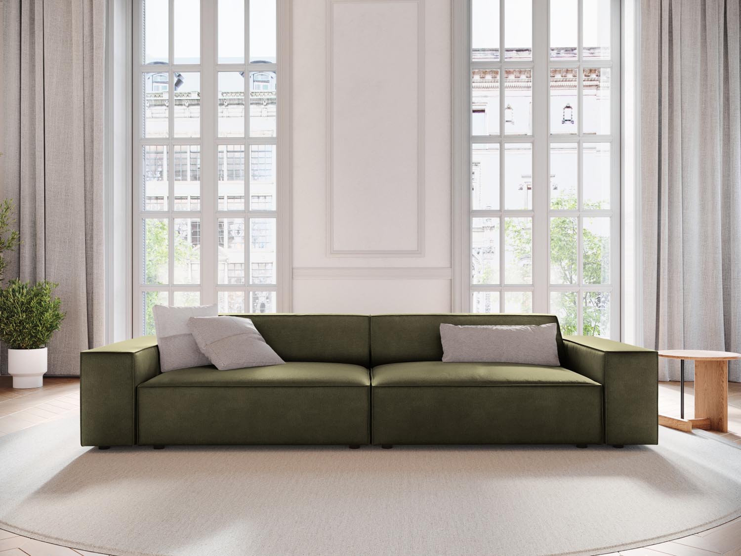 Elegantes Jodie Velour 3-Sitzer Sofa in Green-Bluvel, ideal für stilvolle Wohnräume, präsentiert in einem modernen Ambiente.