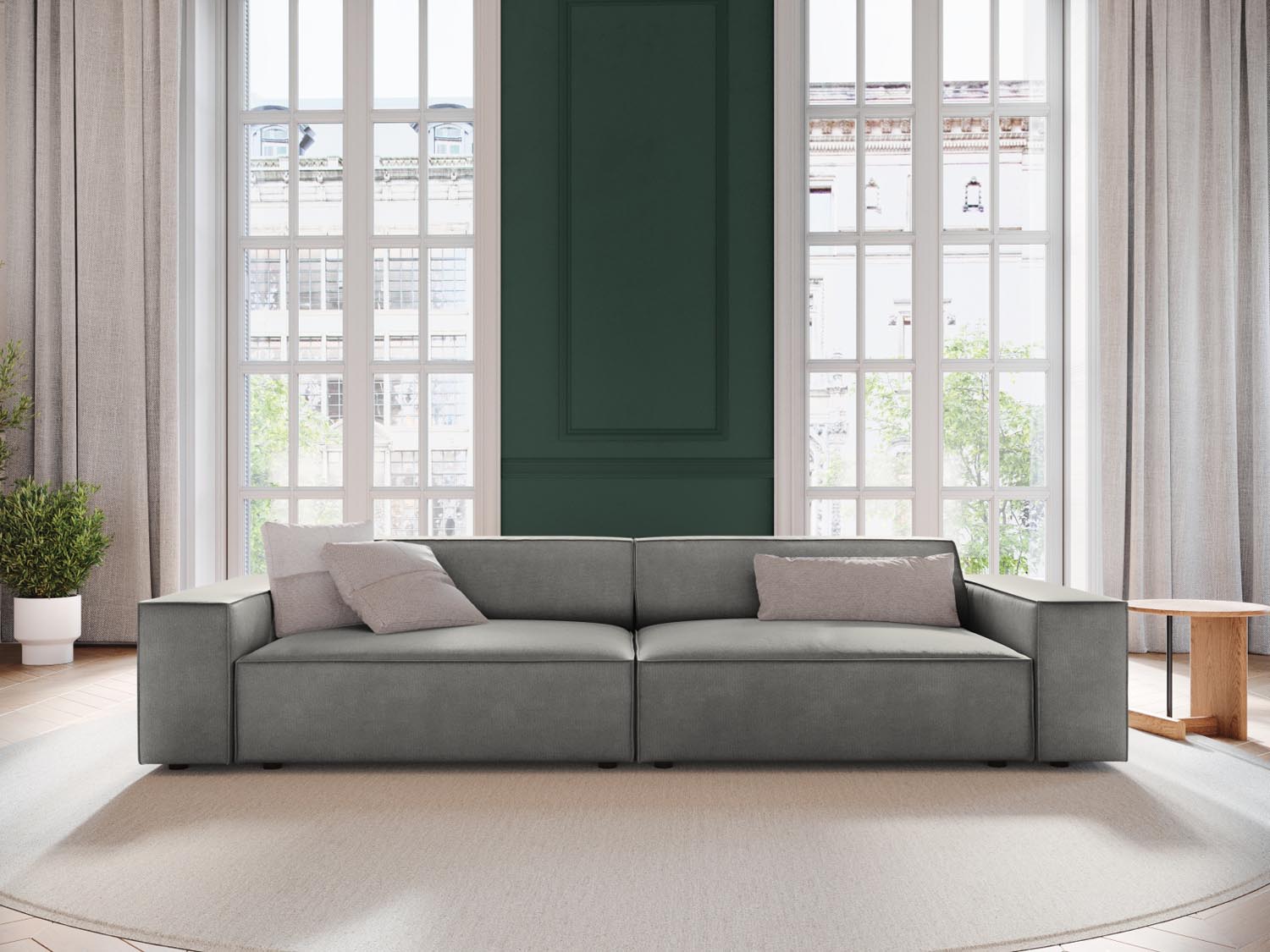 Elegantes Jodie Velour 3-Sitzer Sofa in sanftem Grau, ideal für stilvolle Wohnräume und gemütliche Abende.