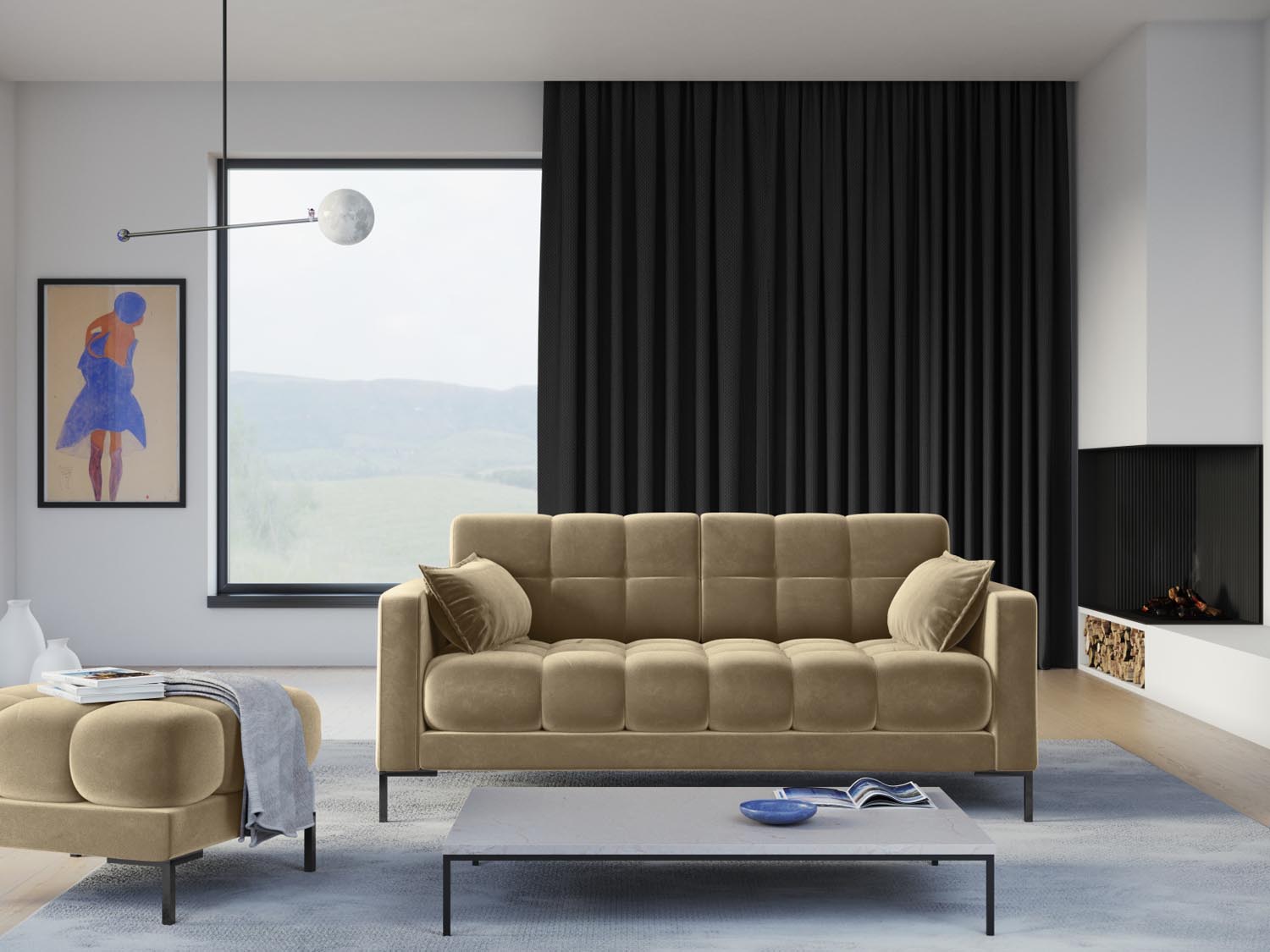 Elegantes Mamaia Velour Sofa in stilvollem Beige und Schwarz, ideal für moderne Wohnräume. Komfortabler 3-Sitzer von Micadoni.