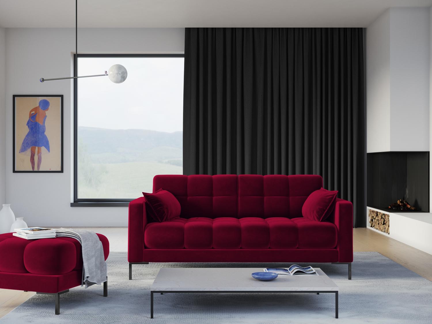 Elegantes Mamaia Velour Sofa in Rot und Schwarz, ideal für stilvolle Wohnräume. Komfortabler 3-Sitzer von Micadoni.
