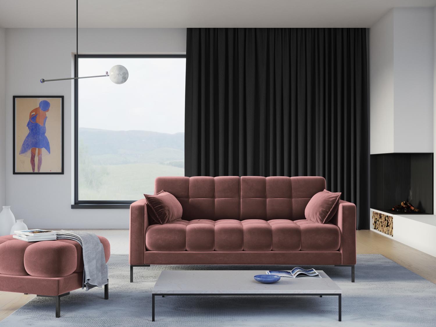 Elegantes Mamaia Velour Sofa in stilvollem Pink und Schwarz, ideal für moderne Wohnräume. Komfort und Design vereint.