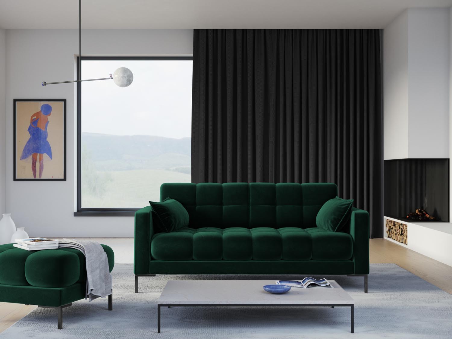 Elegantes Mamaia Velour Sofa in Flaschengrün und Schwarz-Bluvel, ideal für stilvolle Wohnräume. Komfort und Design vereint.
