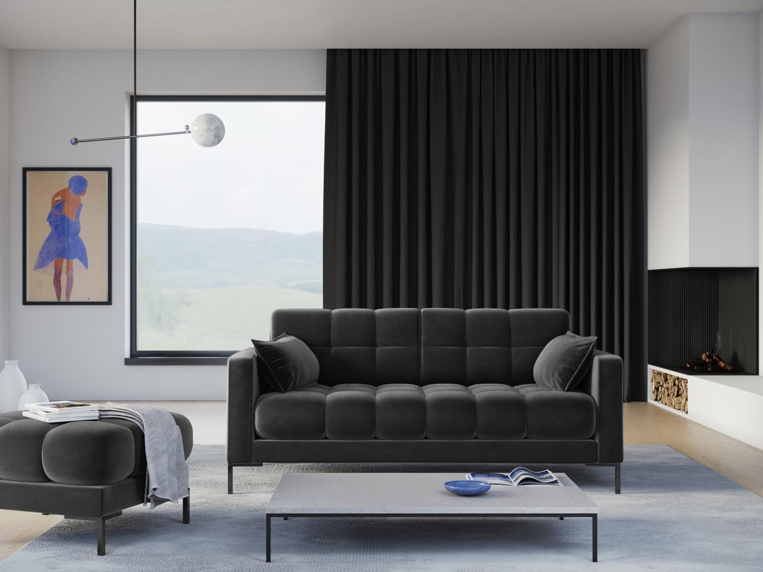 Elegantes Mamaia Velour Sofa in Dunkelgrau, ideal für stilvolle Wohnräume. Komfortabel und modern, perfekt für entspannte Abende.