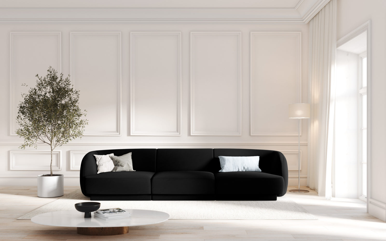 Elegantes Miley Velour Sofa in stilvollem Schwarz-Bluvel, ideal für moderne Wohnräume. Komfortabler 3-Sitzer von Micadoni.