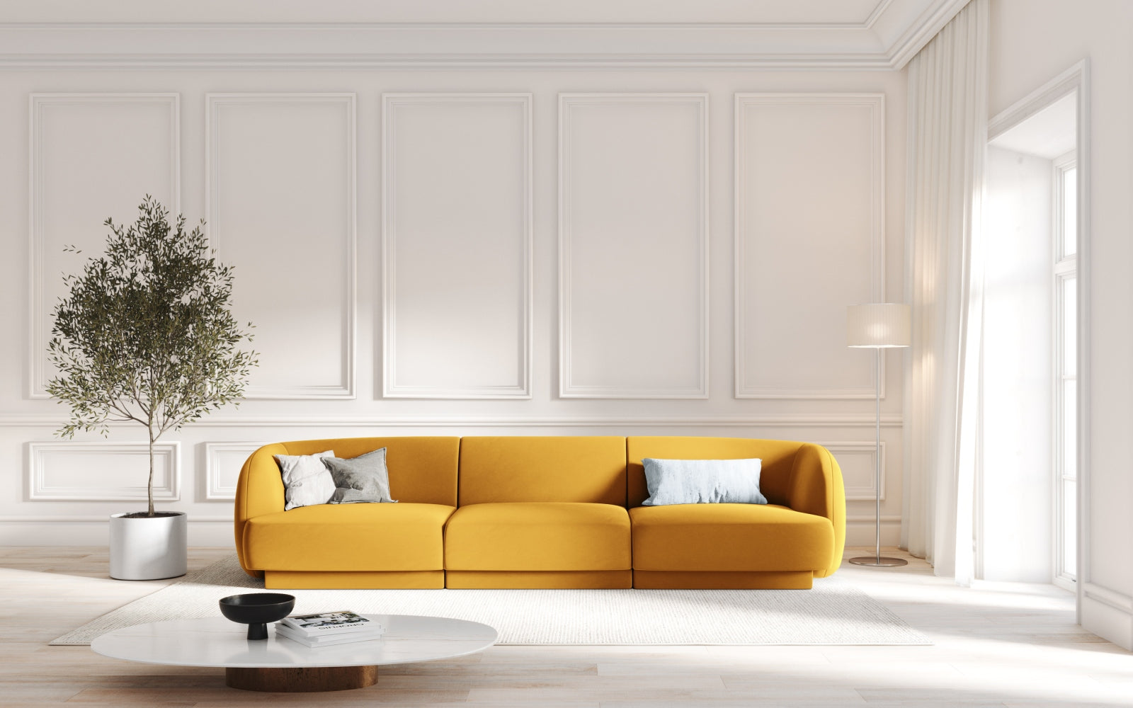 Elegantes Miley Velour Sofa in sanften Gelbtönen, ideal für stilvolle Wohnräume. Komfortables 3-Sitzer-Design von Micadoni.