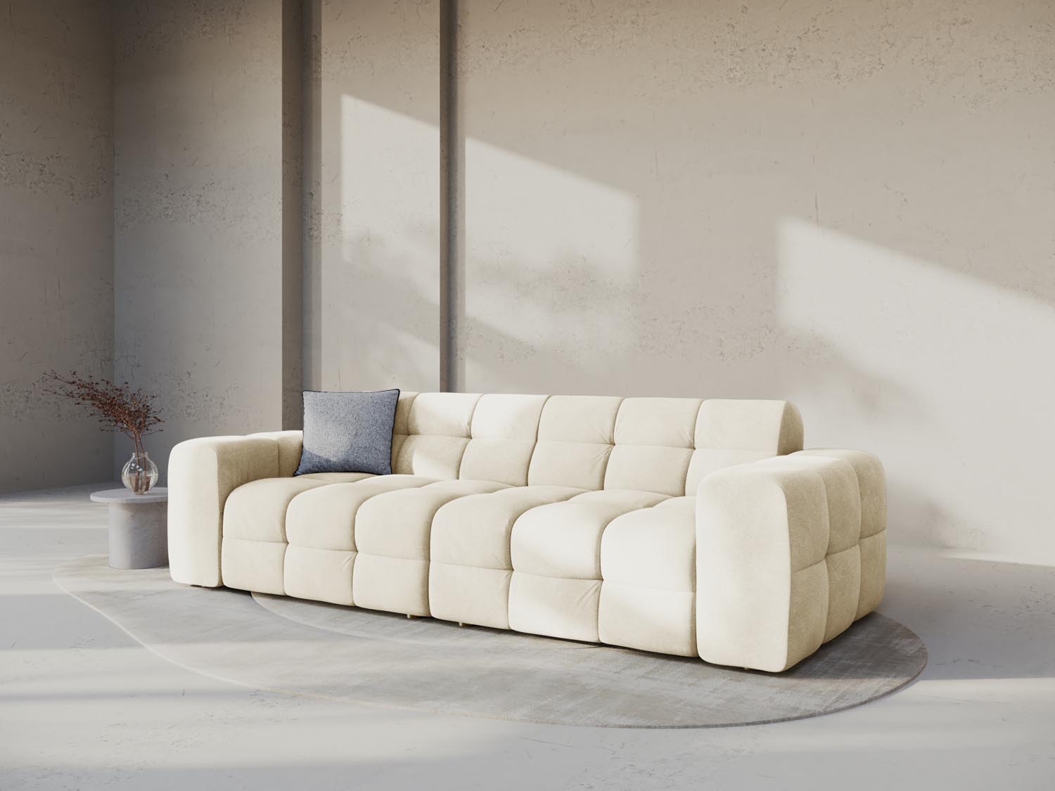 Elegantes Kendal Velour Sofa in Ivory, 4-Sitzer von Micadoni, ideal für stilvolle Wohnräume und gemütliche Abende.