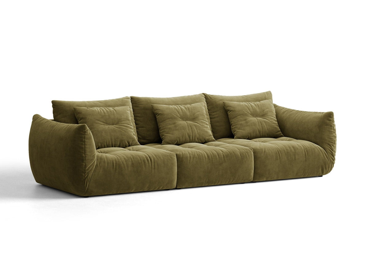 Modulares 4er Sofa Bloom von Micadoni in leichtem Beige, Bezug aus Casino-Velours, schwarze Kunststoffbeine, gepolsterte Rückenkissen.