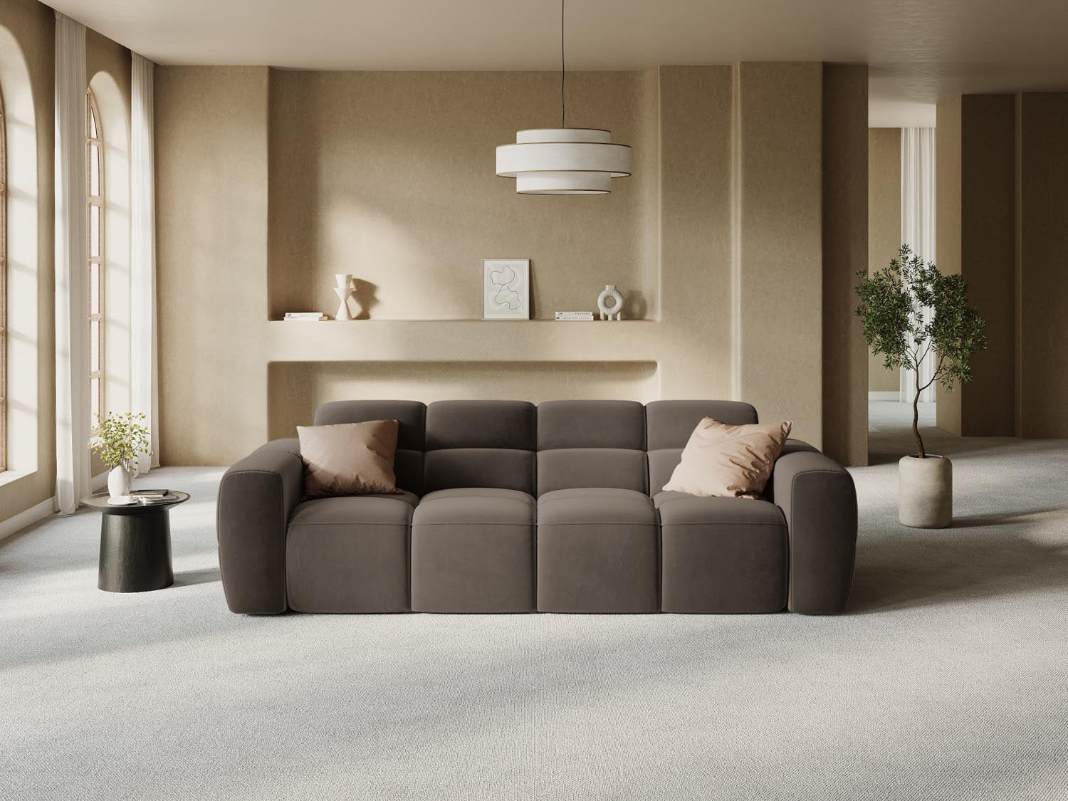 Erleben Sie das elegante Lisa Velour Sofa 4 Sitzer von Micadoni. Perfekt für Ihr modernes Zuhause, vereint es Komfort und stilvolles Design.