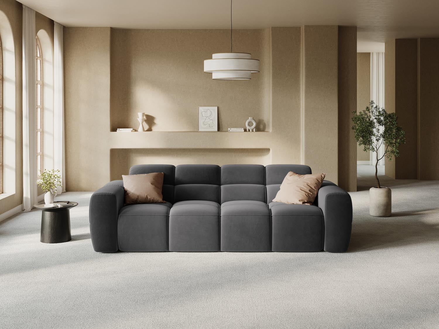 Entdecken Sie das stilvolle Lisa Velour Sofa 4 Sitzer von Micadoni. Ideal für Ihr modernes Wohnzimmer, bietet es höchsten Komfort und elegantes Design.