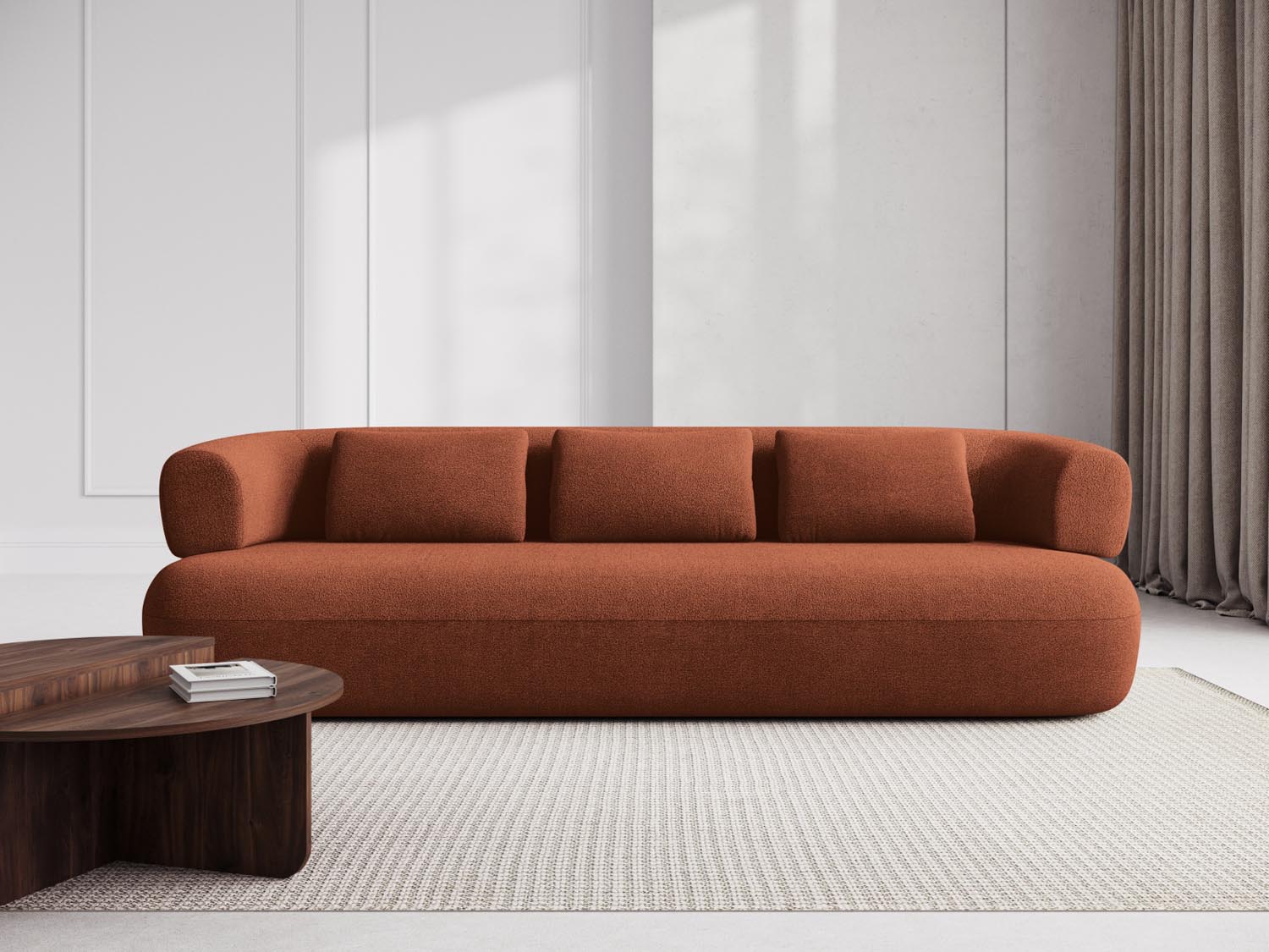 Elegantes Jenny Boucle Sofa für 4 Personen in warmem Ziegelrot, stilvoll und modern, ideal für jedes Wohnzimmer.