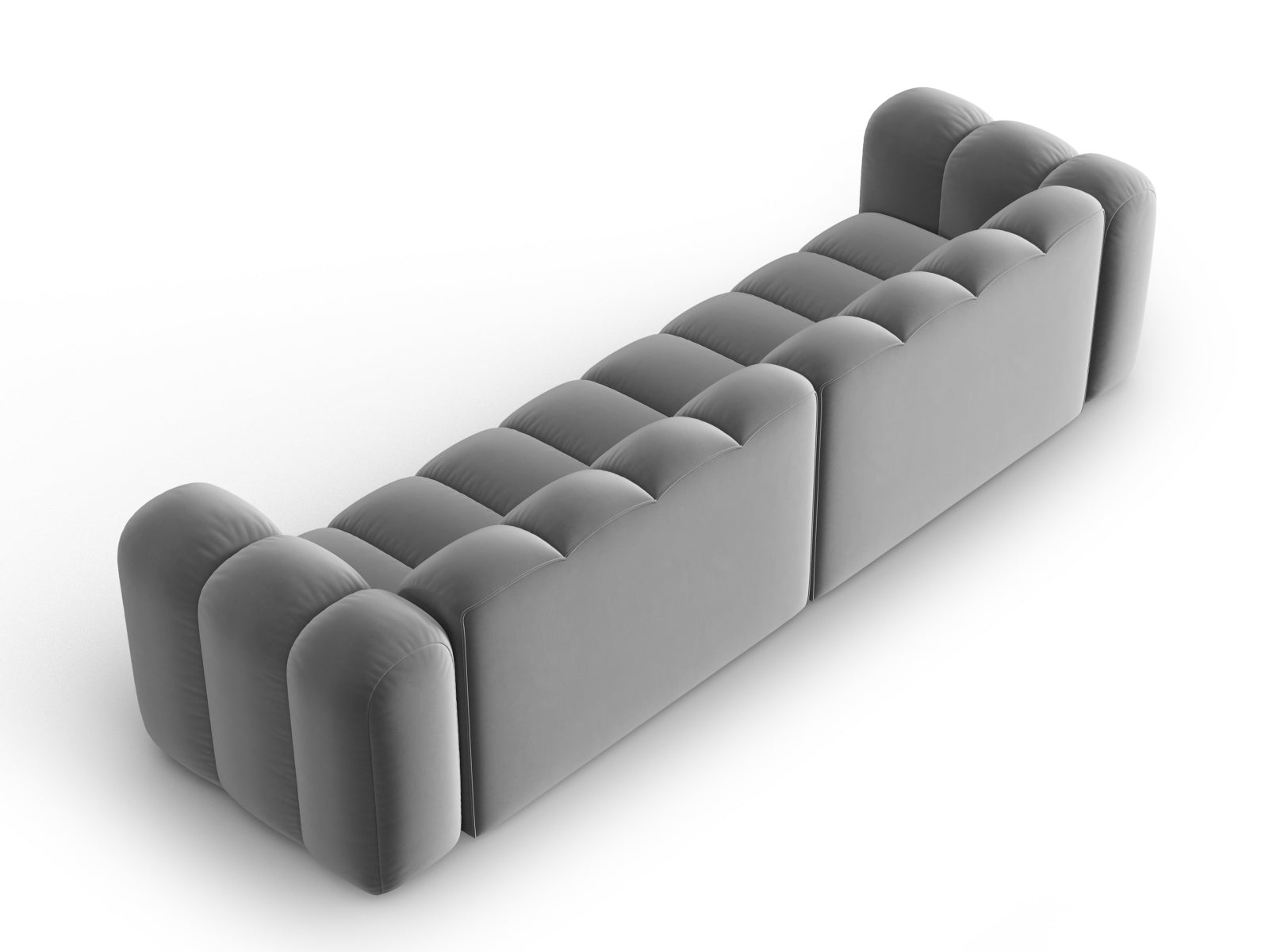 Modulares 4-Sitzer Sofa aus Velours von Micadoni in ansprechendem Grau, perfekt für kreative Raumgestaltungen und gemütliche Abende.