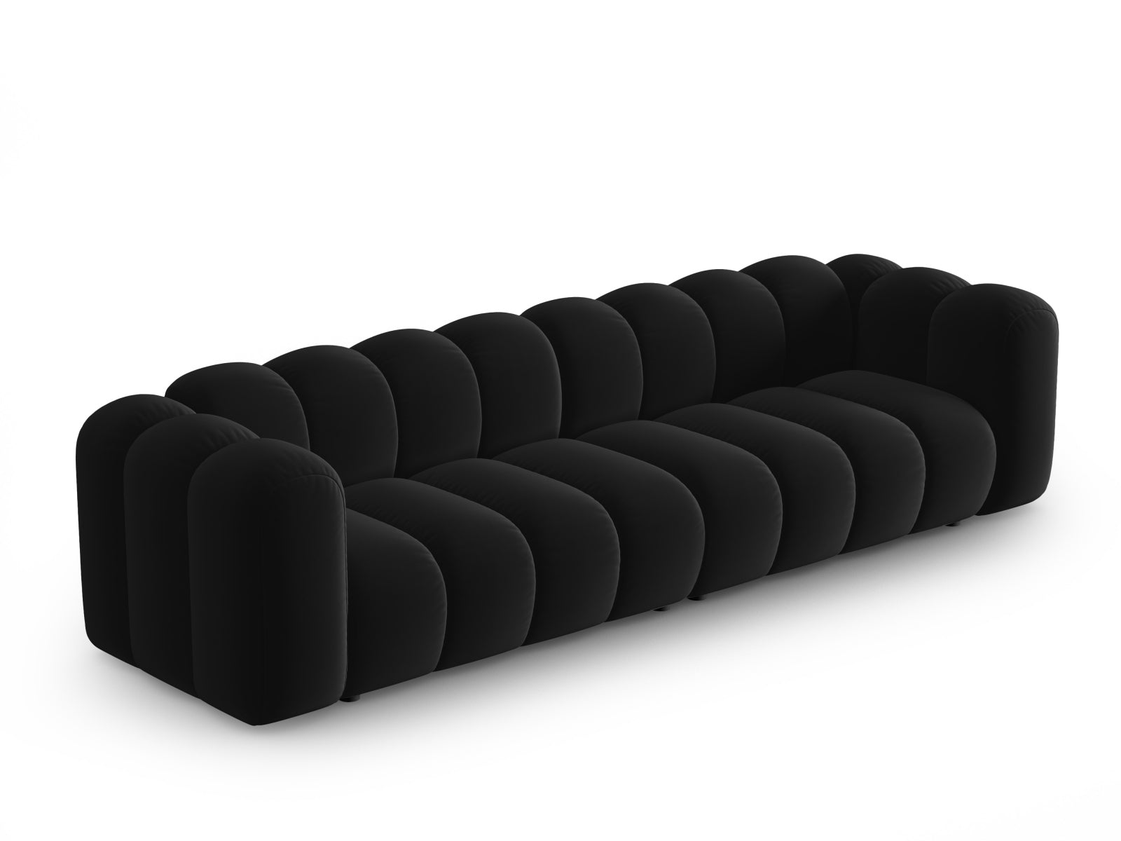Elegantes Lupine Velour Sofa für 4 Personen in stilvollem Schwarz, ideal für moderne Wohnräume und gemütliche Abende.