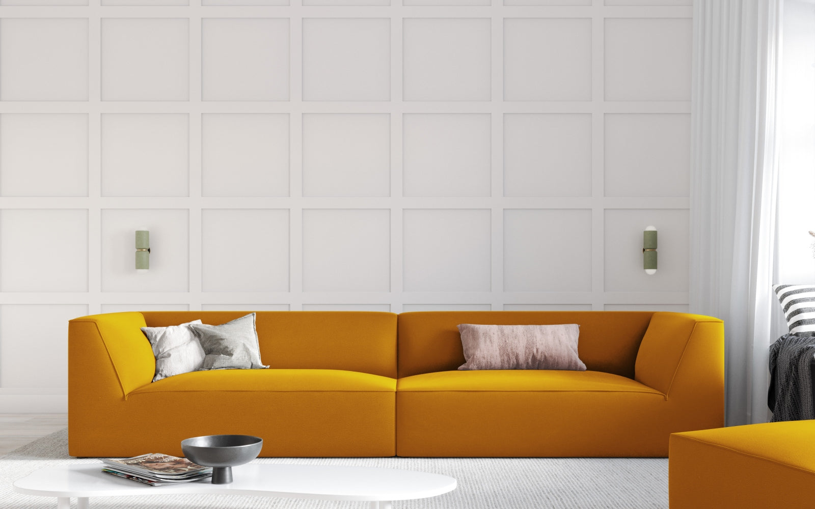 Elegantes Ruby Velour Sofa in tiefem Rot, 4-Sitzer von Micadoni, stilvoll inszeniert in modernem Wohnambiente.