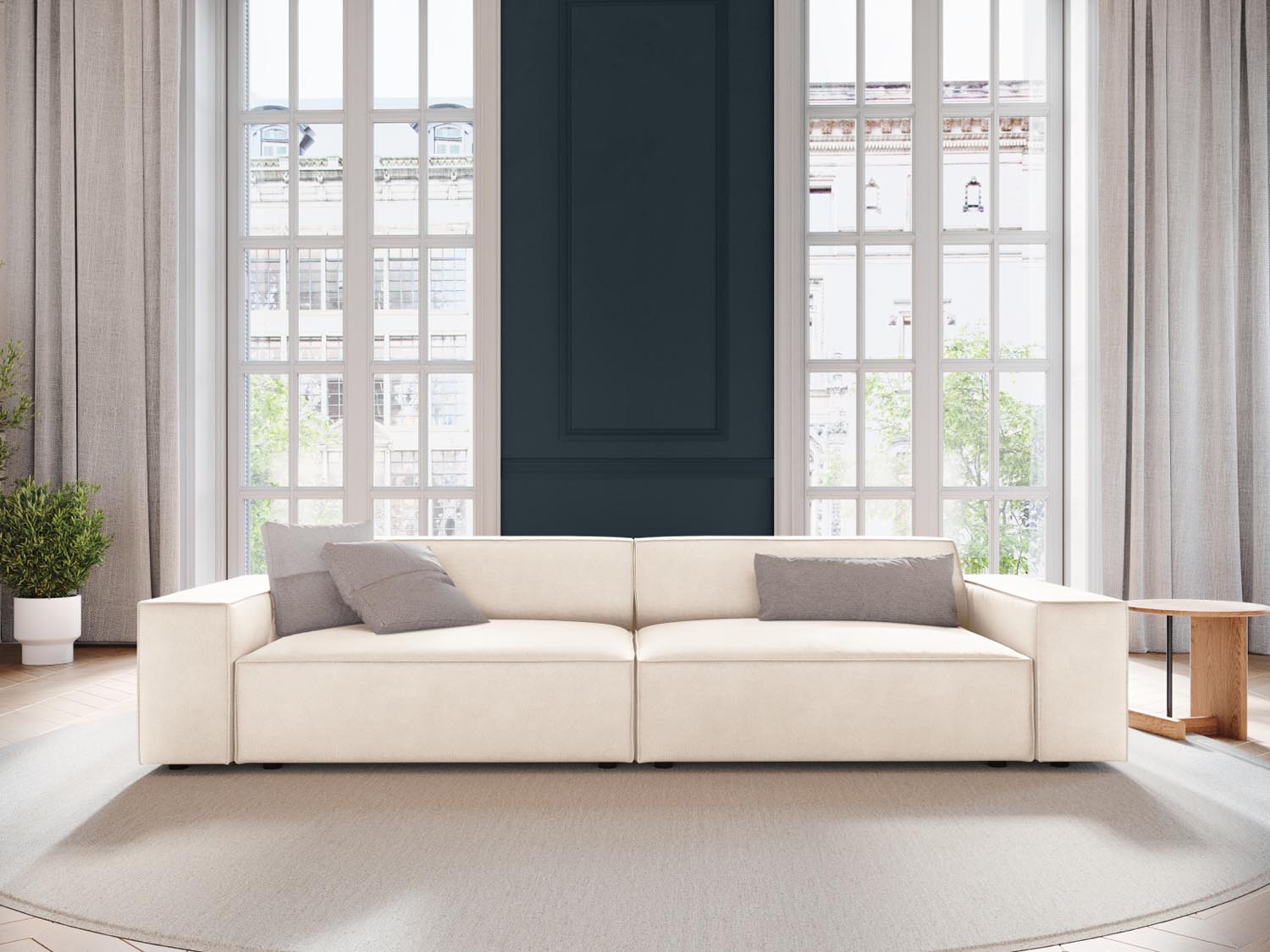 Elegantes Jodie Velour modulares Sofa für 4 Personen in sanftem Beige, ideal für stilvolle Wohnräume und gemütliche Abende.