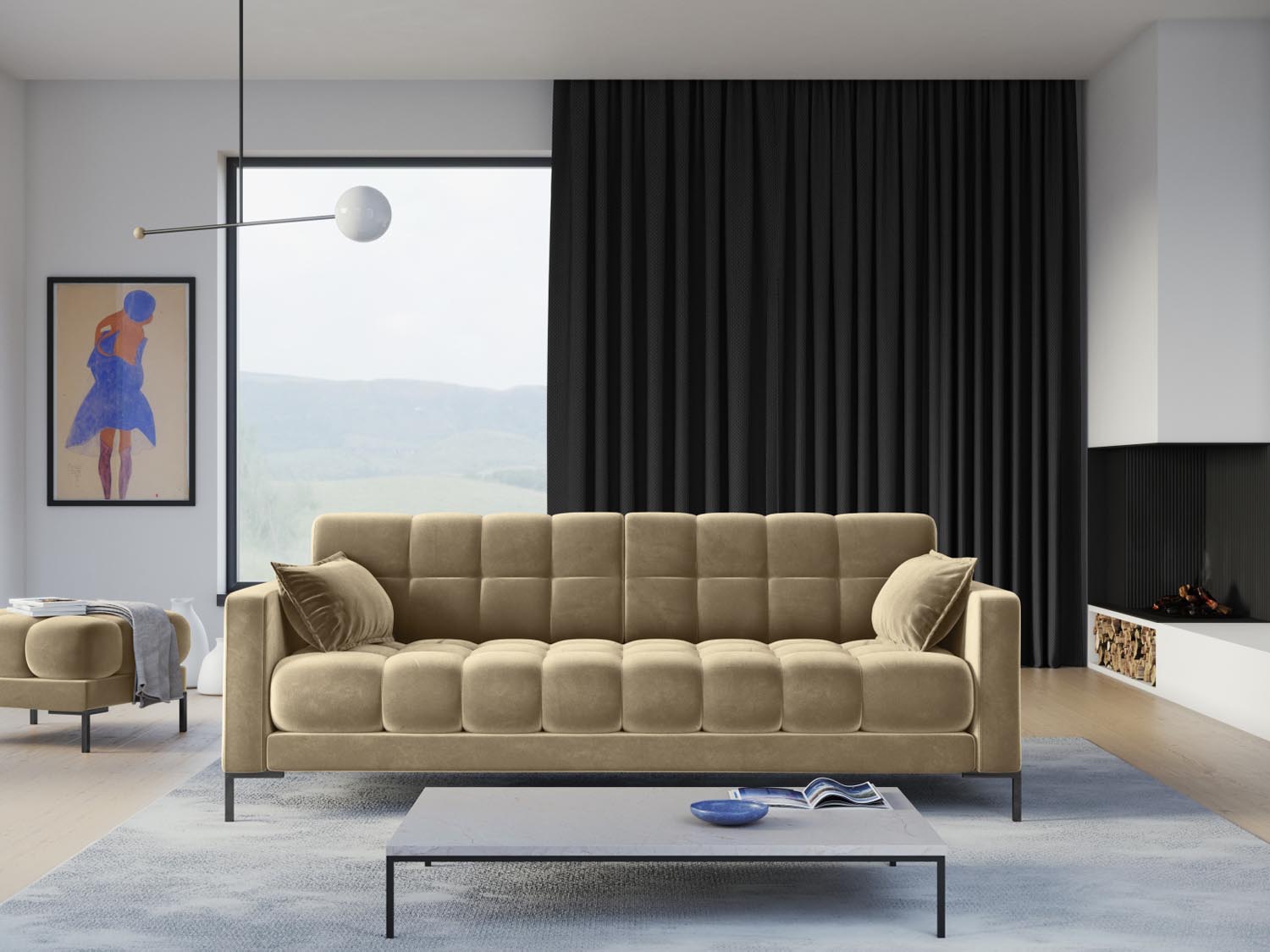 Elegantes Mamaia Velour Sofa für 4 Personen in stilvollem Beige und Schwarz, ideal für moderne Wohnräume.