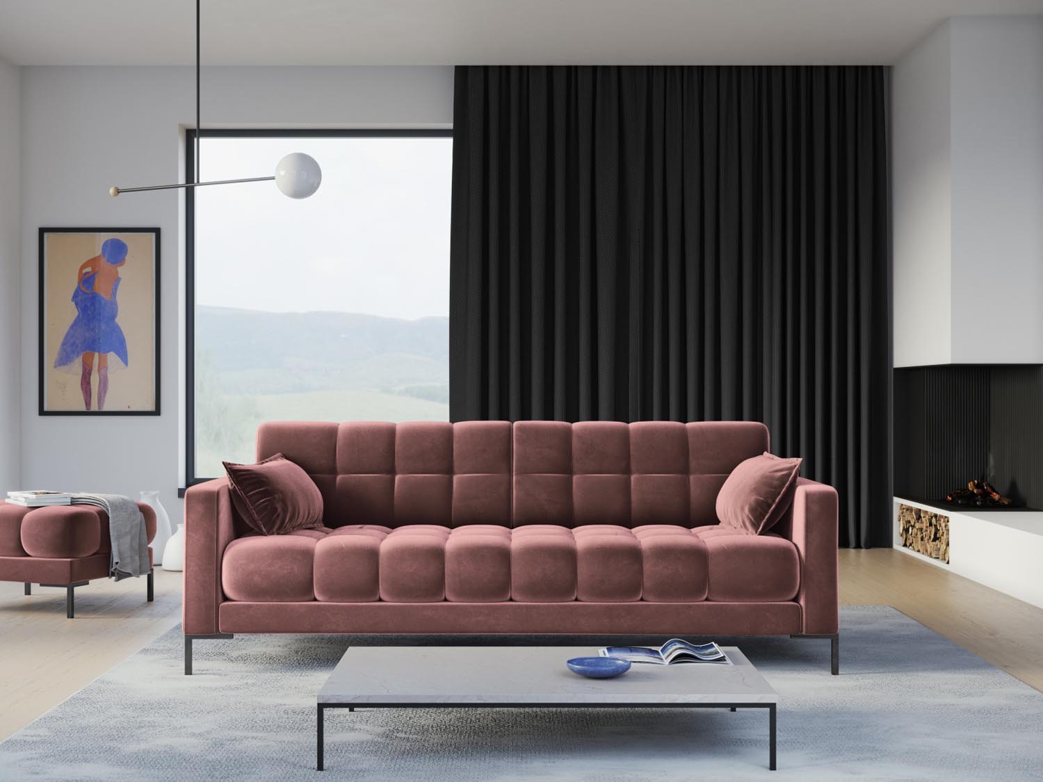 Elegantes Mamaia Velour Sofa in Pink und Schwarz, ideal für stilvolle Wohnräume. Komfortables 4-Sitzer-Design von Micadoni.