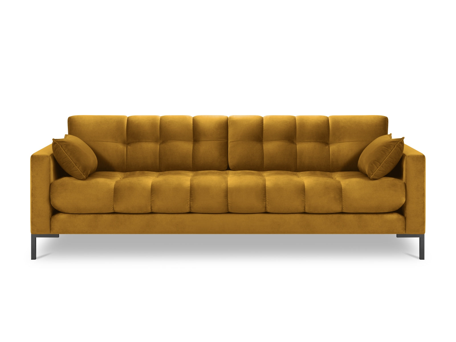 Stilvolles 4-Sitzer Sofa Mamaia aus Velours in Gelb und Schwarz, vereint Komfort und modernes Design für einladende Wohnräume.