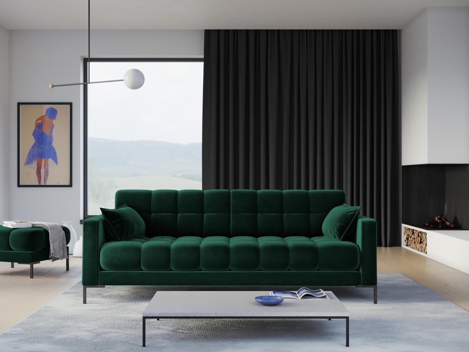 Elegantes Mamaia Velour Sofa in Flaschengrün und Schwarz-Bluvel, ideal für stilvolle Wohnräume. Komfortabel und modern.