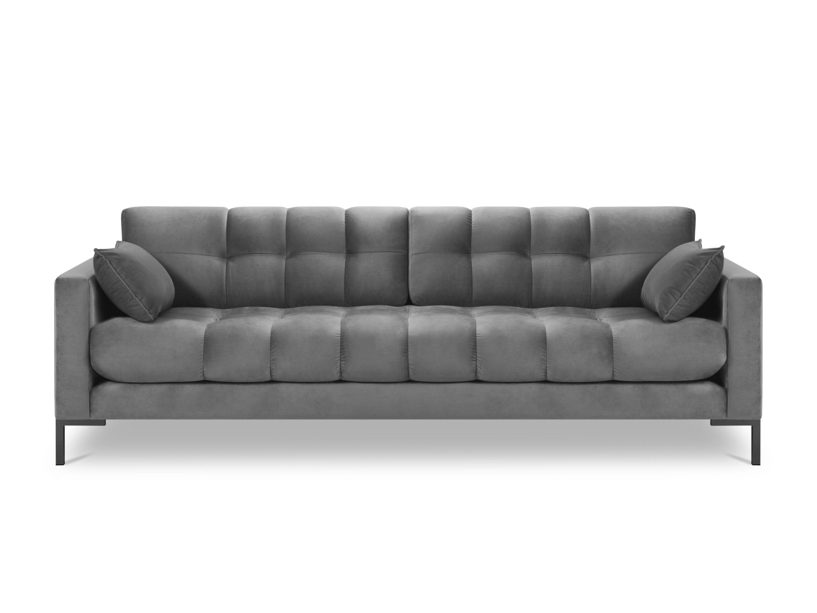 Stilvolles 4-Sitzer Mamaia Velour Sofa in edlem Grau und Schwarz-Bluvel, perfekt für moderne Wohnzimmer und entspannte Stunden.