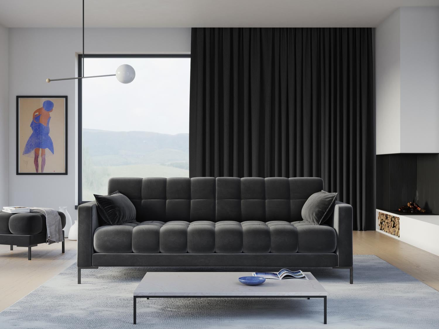 Elegantes Mamaia Velour Sofa für 4 Personen in Dunkelgrau/Schwarz-Bluvel, ideal für stilvolle Wohnräume und gemütliche Abende.