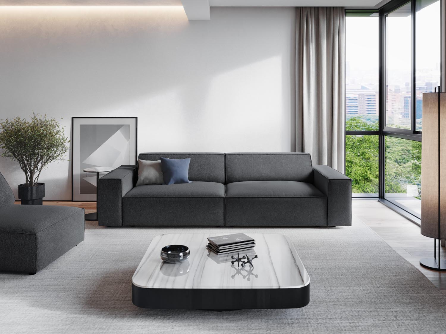 Elegantes Jodie 4-Sitzer Sofa in Dunkelgrau, ideal für moderne Wohnräume, präsentiert in stilvollem Ambiente.