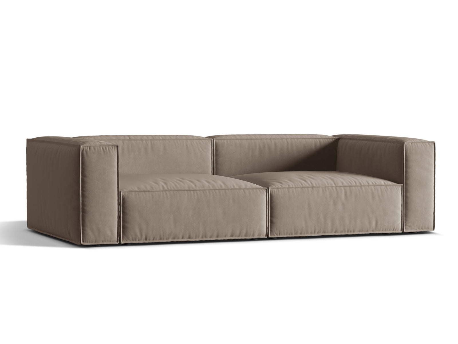 Elegantes Nuria Velour Sofa für 5 Personen in warmem Grau, ideal für stilvolle Wohnräume und gemütliche Abende.