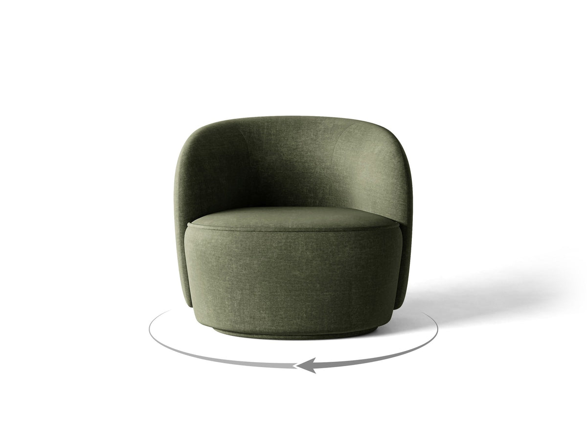 Drehbarer Sessel Jonas von Micadoni in leichtem Beige mit Veloursbezug, gepolsterten Kunststoff-Beinen und runder Sitzfläche.