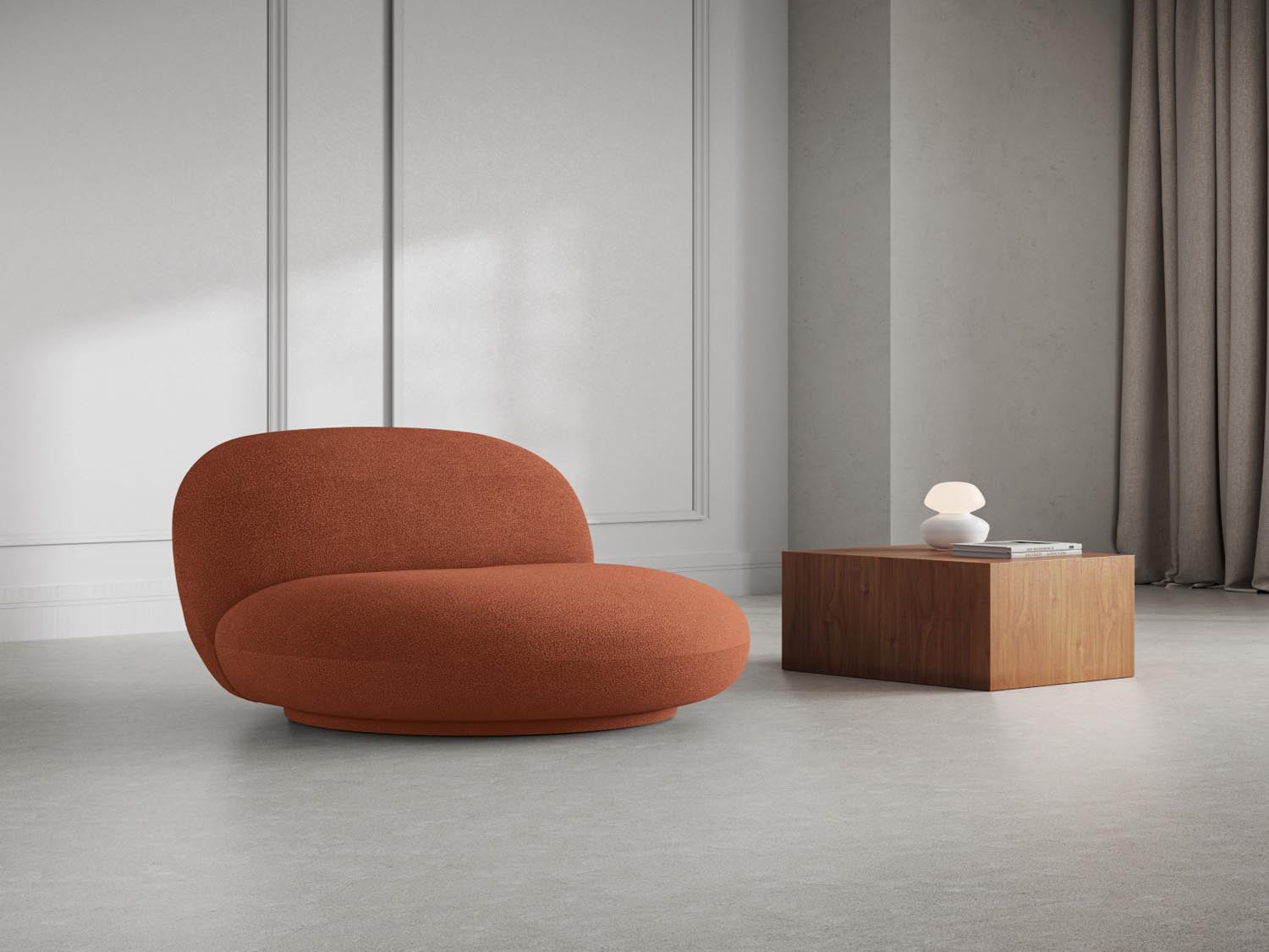 Eleganter Chuck Swivel Boucle Armchair 1 Sitzer in warmen Erdtönen, ideal für stilvolle Wohnräume und gemütliche Leseecken.
