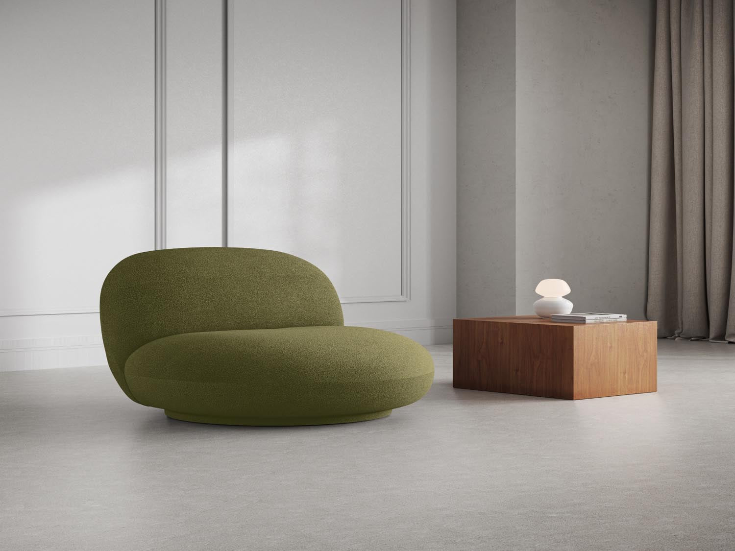 Eleganter Chuck Swivel Boucle Armchair 1 Sitzer in sanftem Grünton, ideal für stilvolle Wohnräume und entspannte Momente.