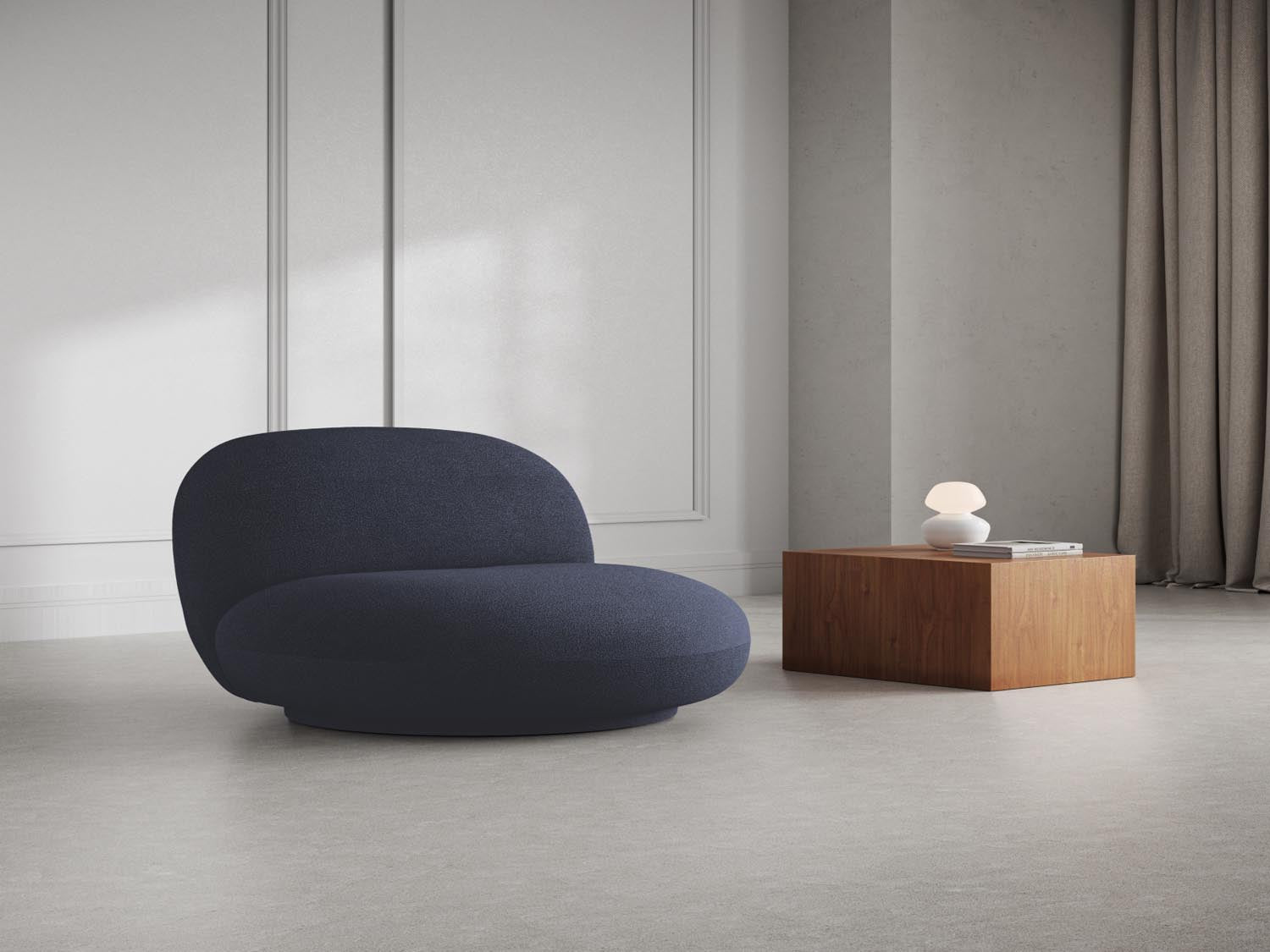 Eleganter Chuck Swivel Boucle Armchair in Dunkelblau, stilvoller 1-Sitzer Drehsessel von Micadoni, ideal für modernes Wohndesign.