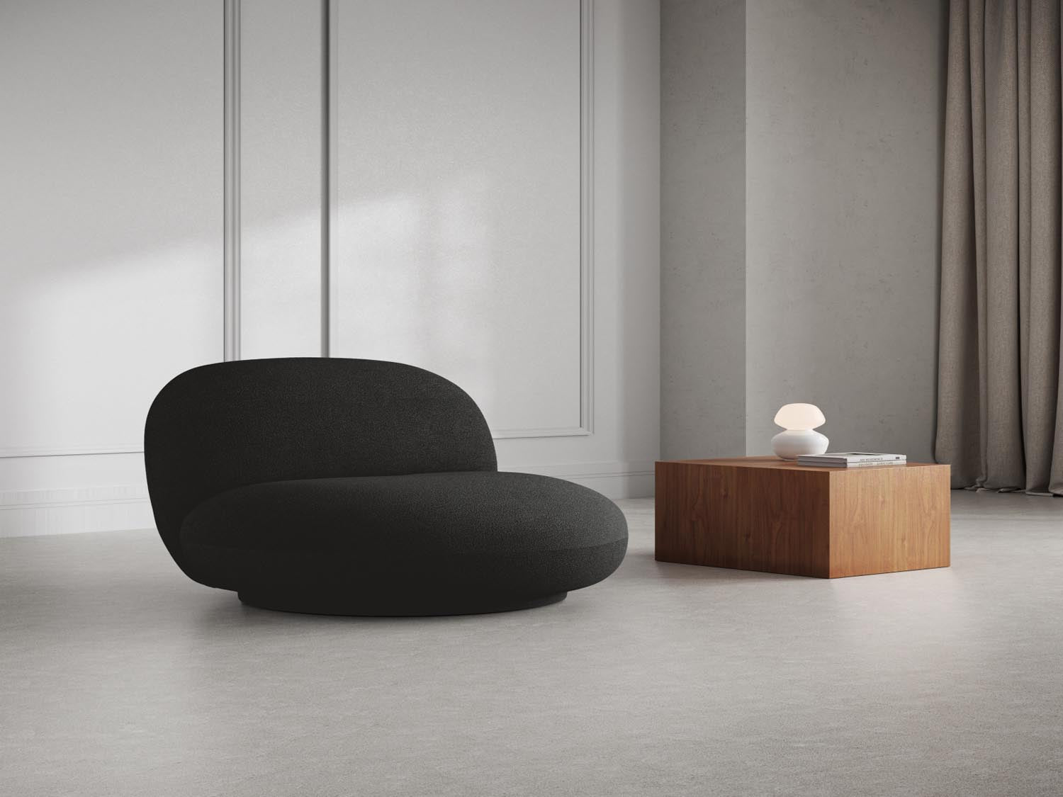 Eleganter Chuck Swivel Boucle Armchair 1 Sitzer in stilvollem Design, ideal für moderne Wohnräume, präsentiert in einem gemütlichen Ambiente.
