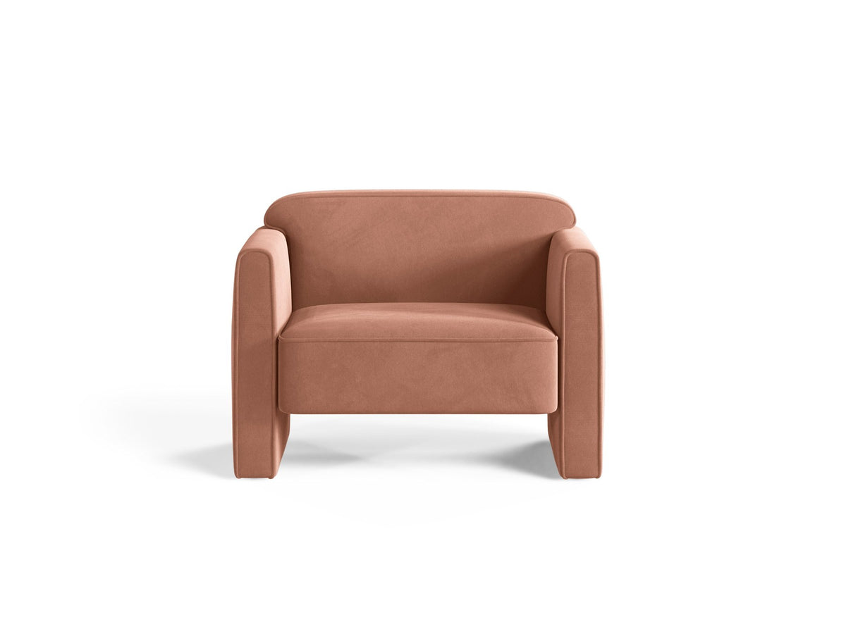 Beige Armsessel Abby von Micadoni mit strukturiertem Heritage-Stoffbezug, schwarzen Kunststoffbeinen und runder, kompakter Formgebung.