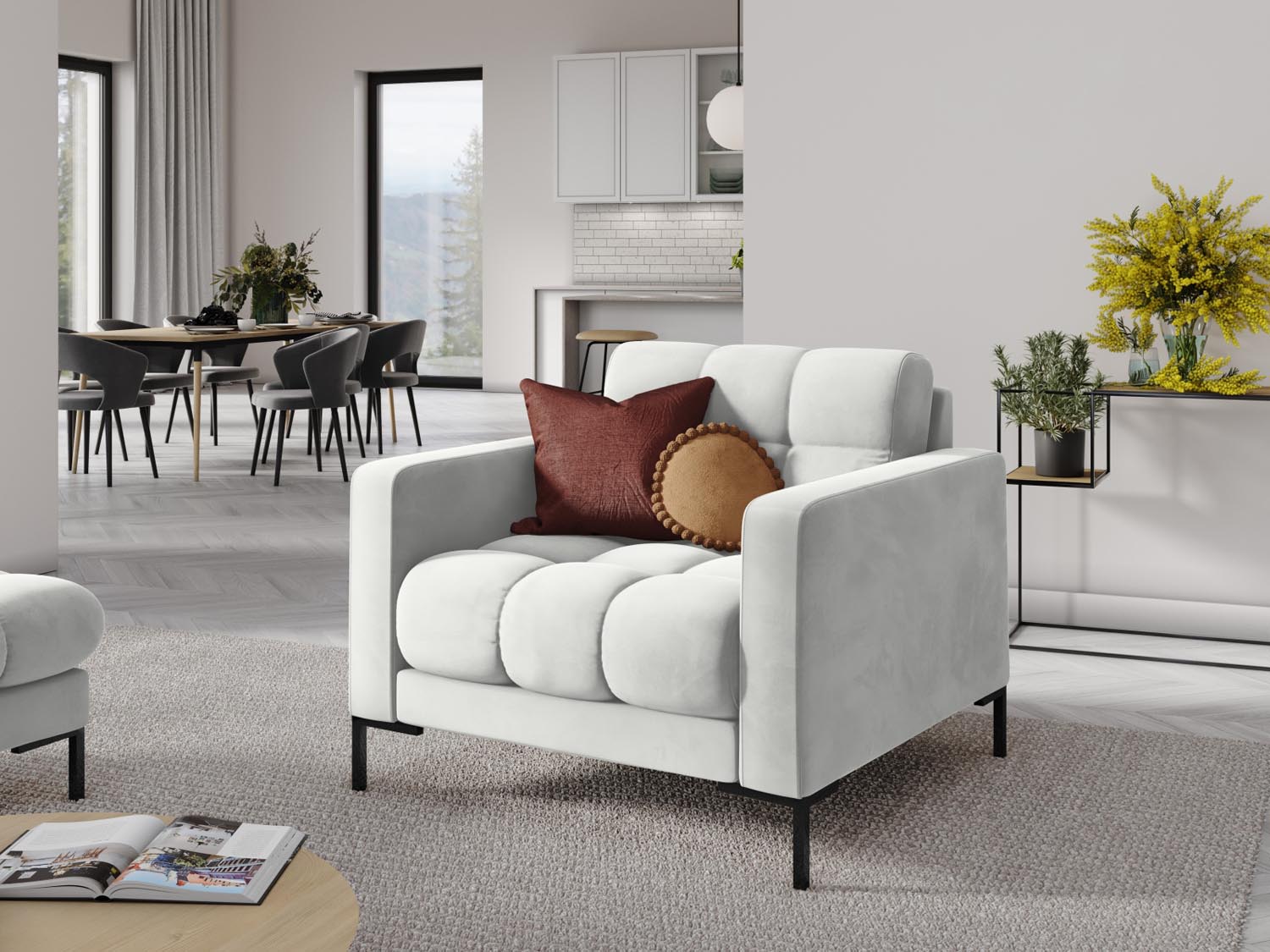 Eleganter Mamaia Velour Sessel in stilvollem Silber und Schwarz, ideal für moderne Wohnräume und gemütliche Entspannung.