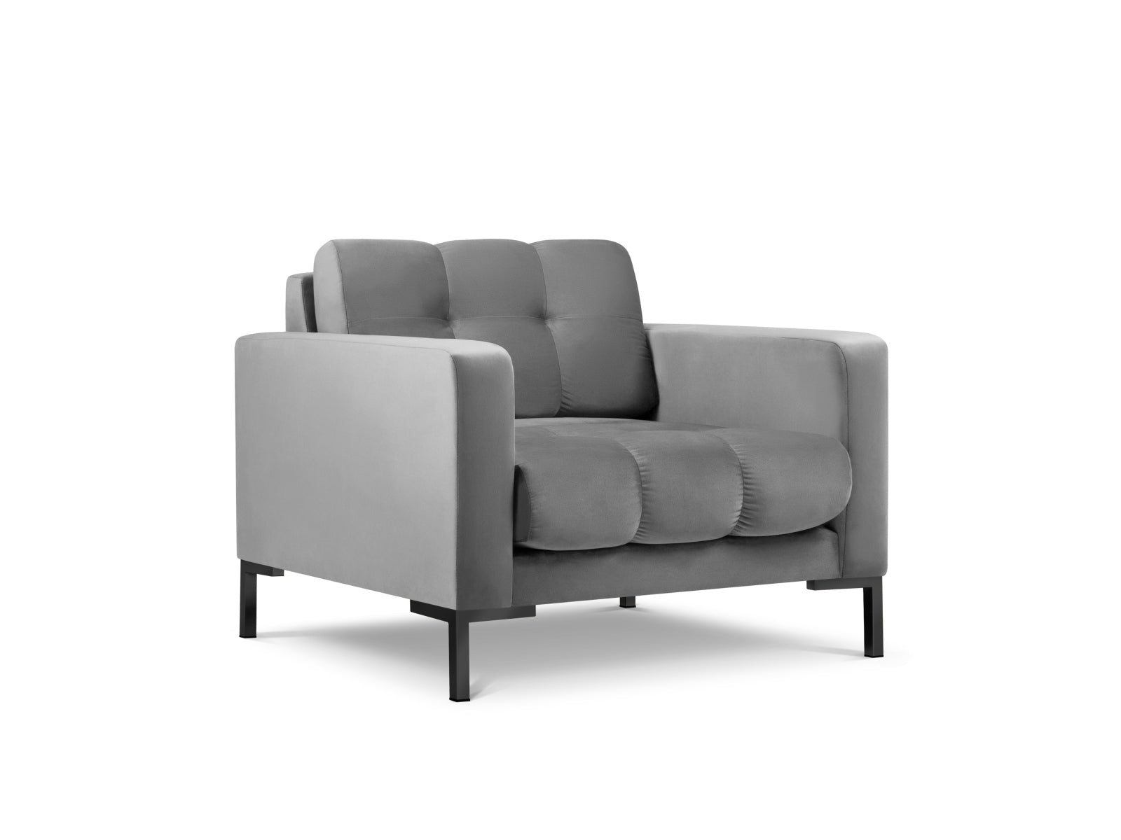 Moderner Mamaia Velour Sessel in zartem Hellgrau, kombiniert mit eleganten schwarzen Details, perfekt für stilvolle Wohnräume.