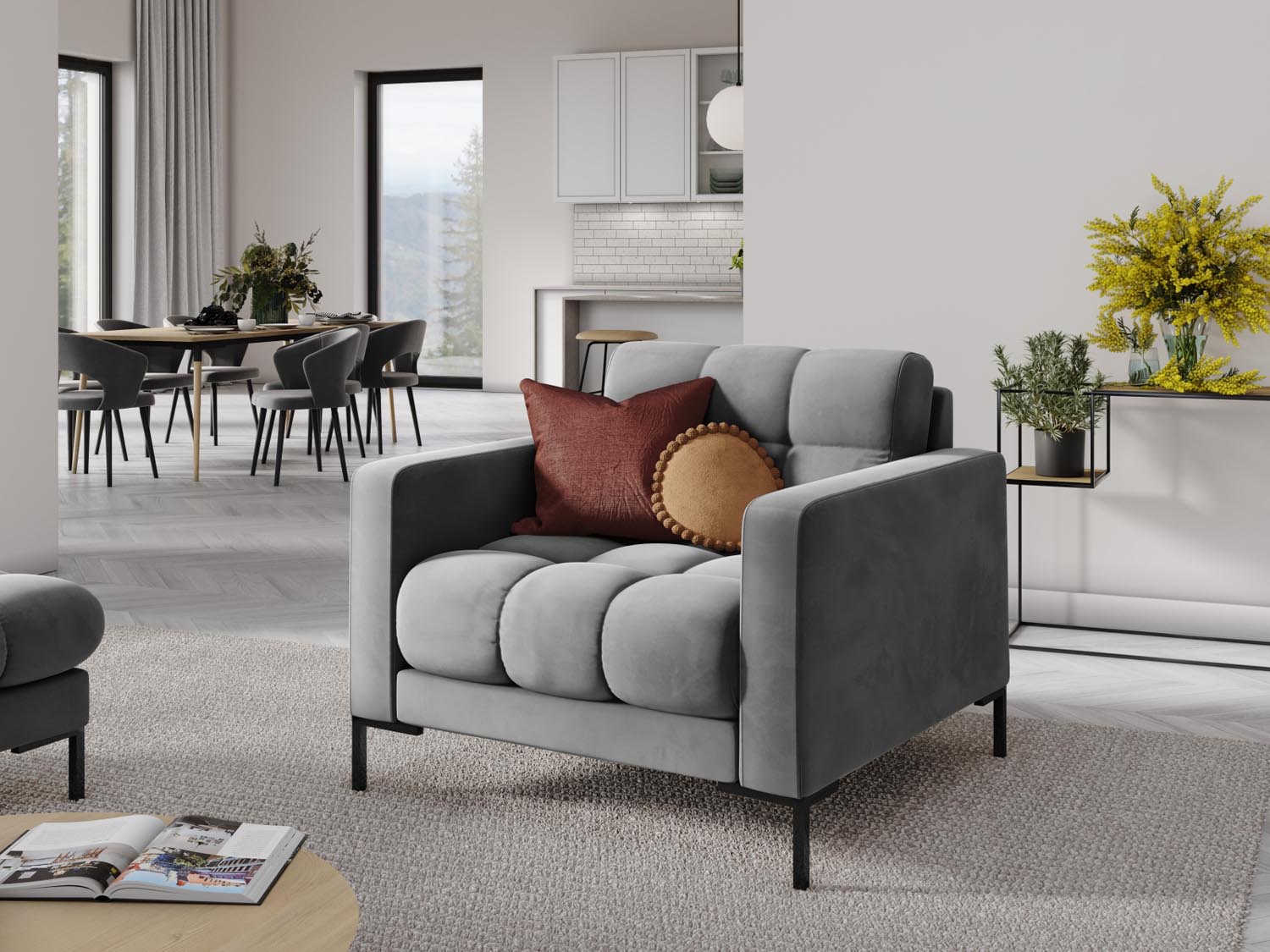 Eleganter Mamaia Velour Sessel in sanftem Hellgrau mit stilvollen schwarzen Akzenten, ideal für modernes Wohndesign.