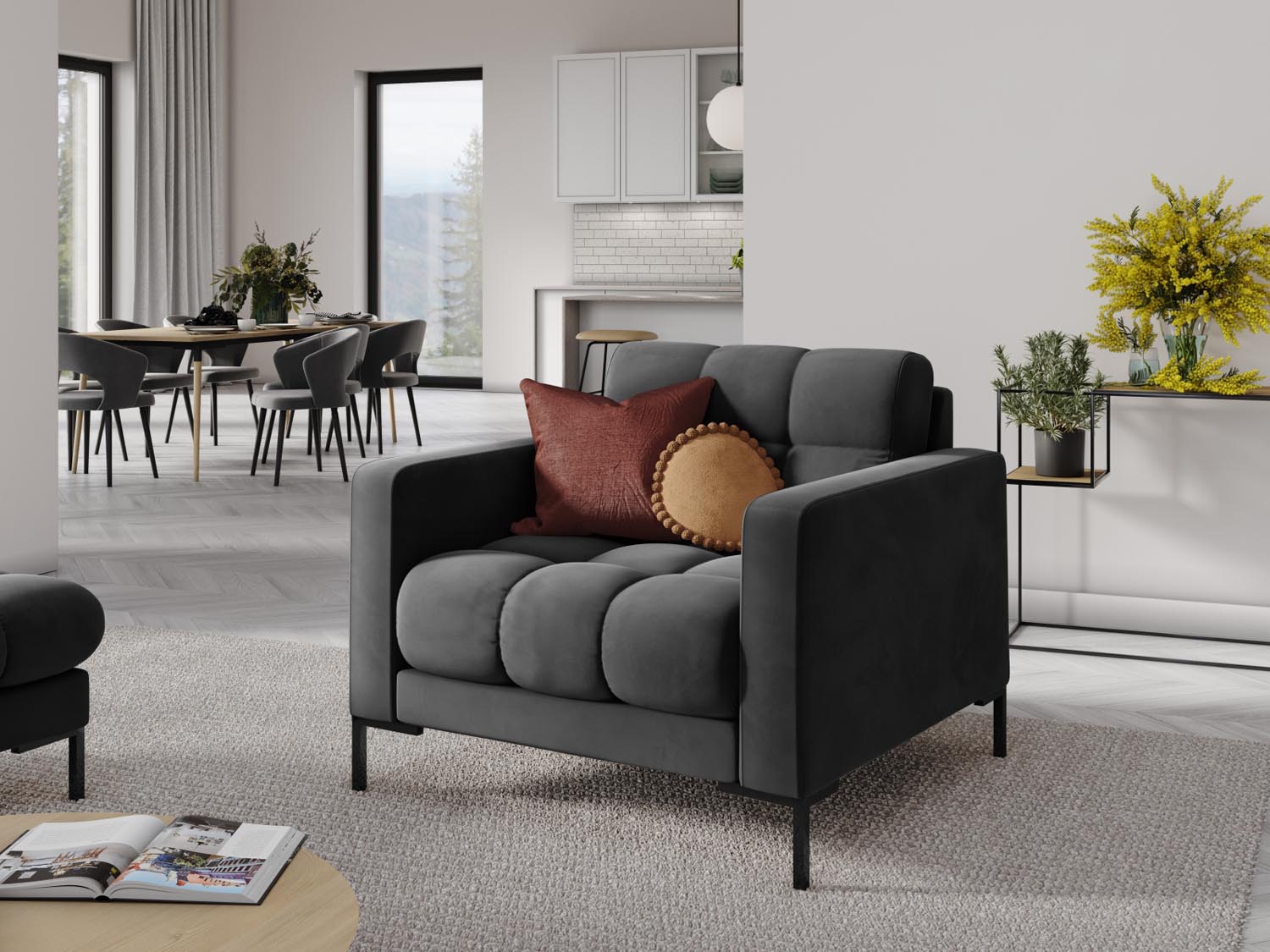 Eleganter Mamaia Velour Sessel in Dunkelgrau, ideal für stilvolle Wohnräume. Bequem und modern, perfekt für entspannte Stunden.