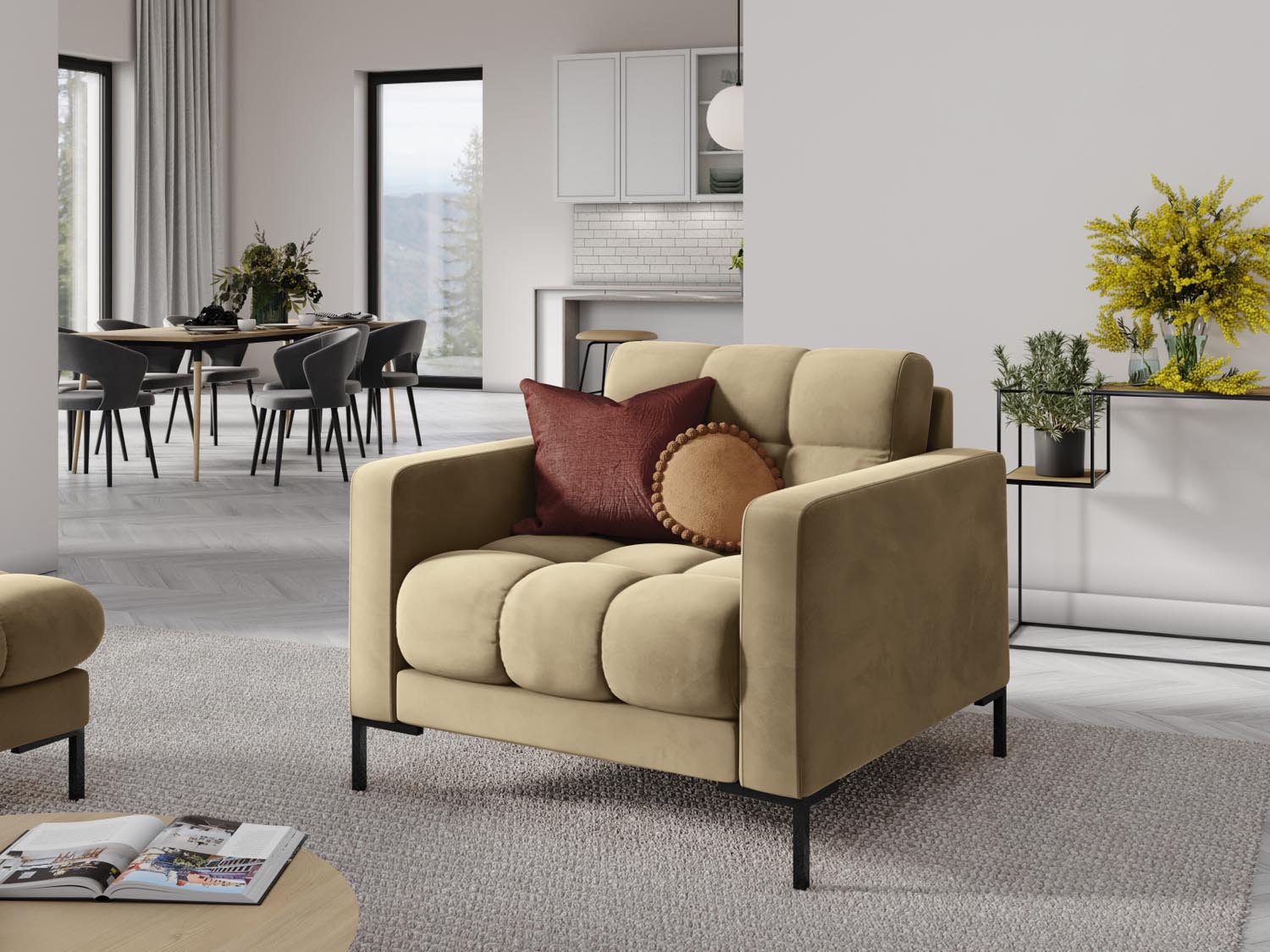 Eleganter Mamaia Velour Sessel in stilvollem Beige und Schwarz, ideal für moderne Wohnräume und gemütliche Entspannung.