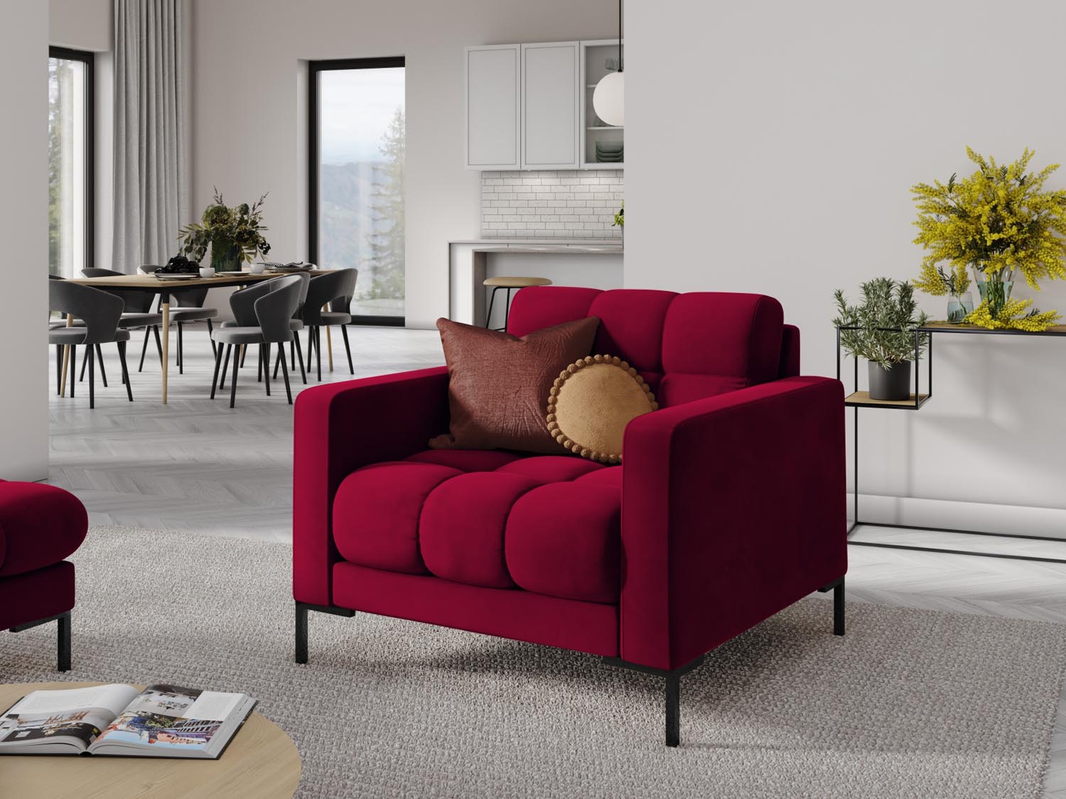 Eleganter Mamaia Velour Sessel in Rot und Schwarz, ideal für stilvolle Wohnräume. Bequem und modern, perfekt für entspannte Stunden.