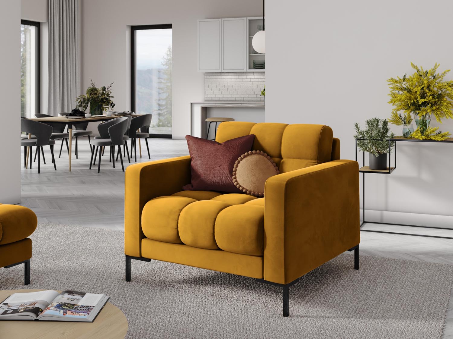 Eleganter Mamaia Velour Sessel in Gelb und Schwarz, ideal für stilvolle Wohnräume. Hochwertige Verarbeitung von Micadoni.