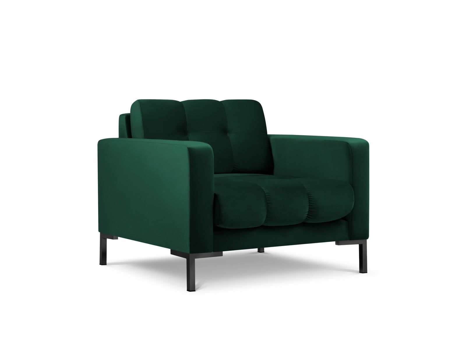 Moderner Mamaia Velour Sessel in tiefem Flaschengrün, kombiniert mit eleganten schwarzen Details, perfekt für stilvolle Wohnräume.