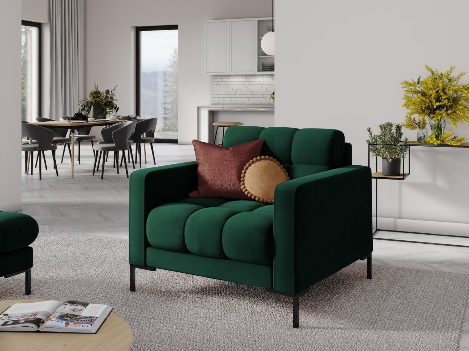Eleganter Mamaia Velour Sessel in sattem Flaschengrün mit stilvollen schwarzen Akzenten, ideal für modernes Wohndesign.